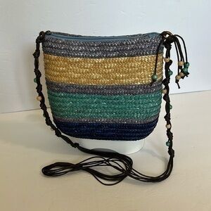 Beaded straw handbag with colorful accents. Purple and blue nouveau crossbody